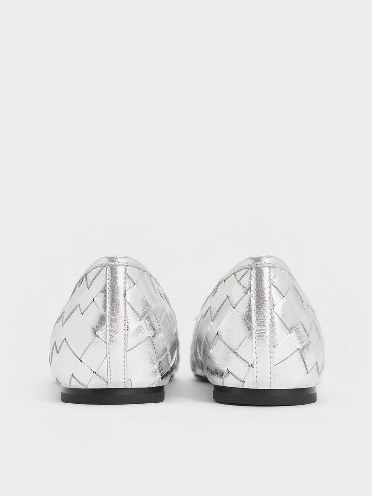 Metallic Woven Bow Ballet Flats, Silver, hi-res