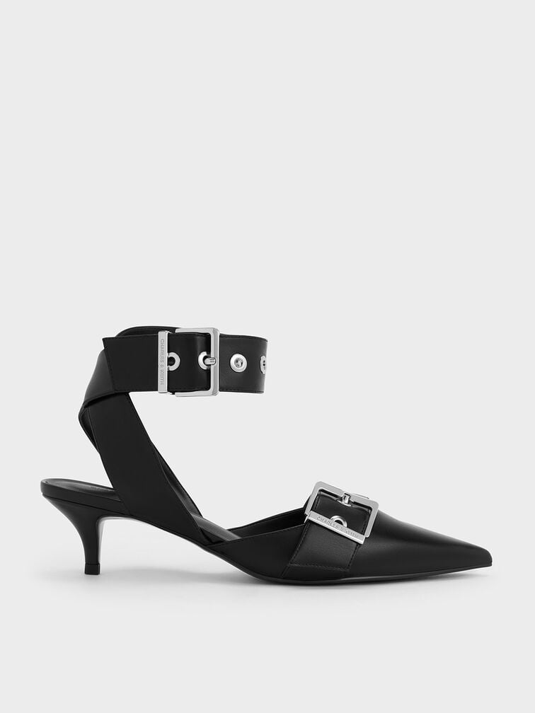 Grommet-Strap Kitten-Heel Pumps, Black, hi-res