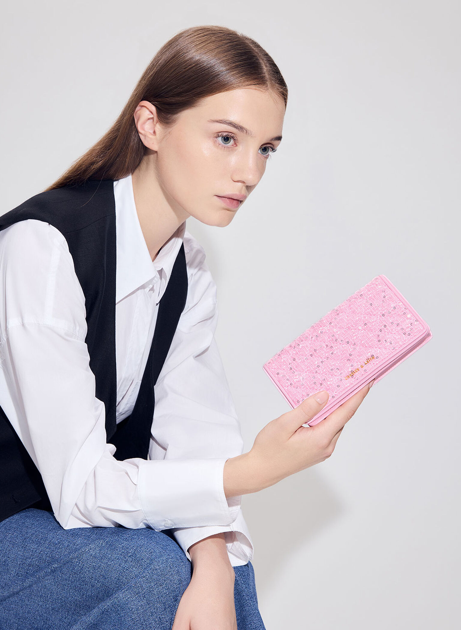 Tweed Quilted Pouch, Pink, hi-res