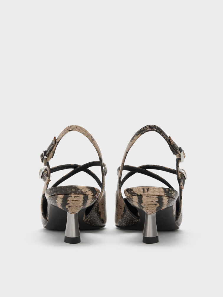 Pauline Snake-Print Crossover Slingback Kitten Heels, Animal Print Natural, hi-res