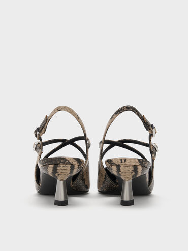 Pauline Snake-Print Crossover Slingback Kitten Heels, Animal Print Natural, hi-res