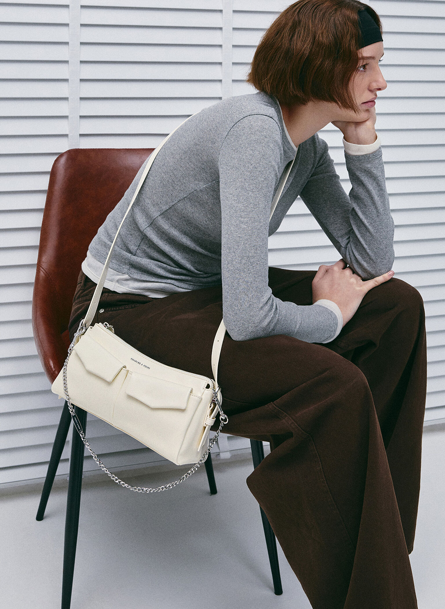 Rachel Elongated Front-Pocket Chain-Handle Bag, Cream, hi-res