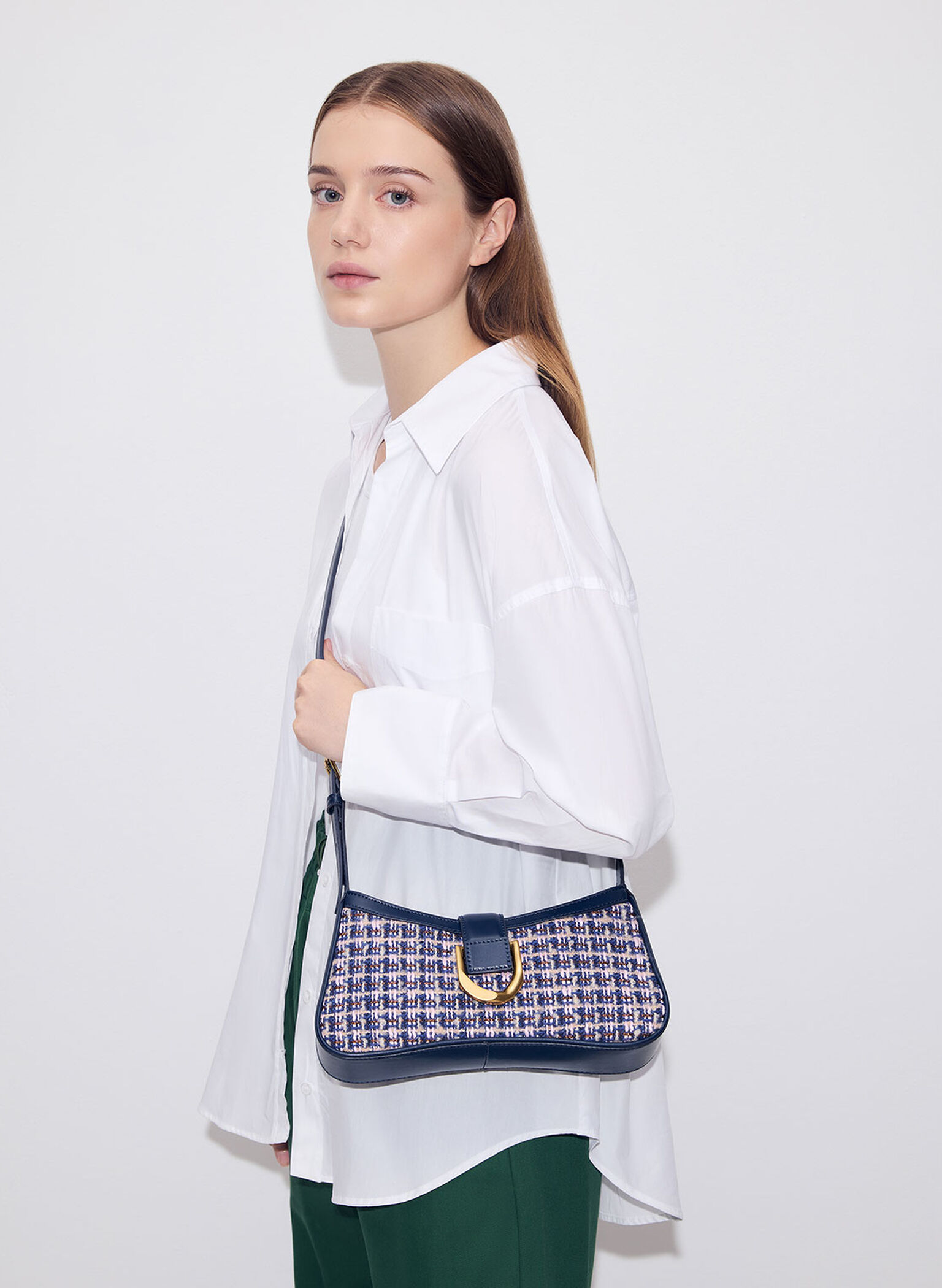 Gabine Tweed Curved Shoulder Bag, Navy, hi-res