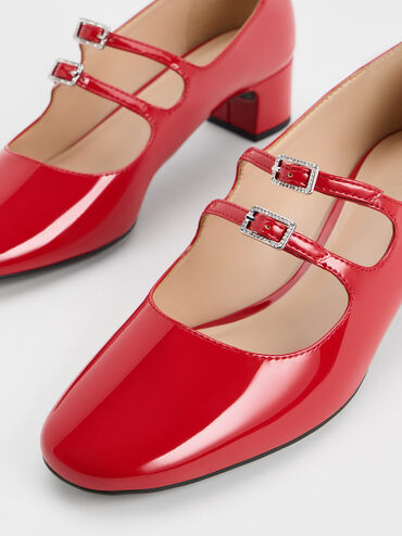 Double Crystal-Buckle Mary Jane Pumps, Red, hi-res