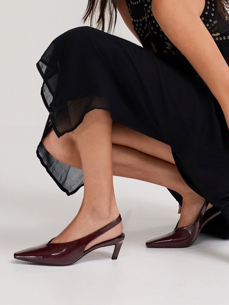 Patent Tapered Square-Toe Slingback Kitten Heels, Burgundy, hi-res