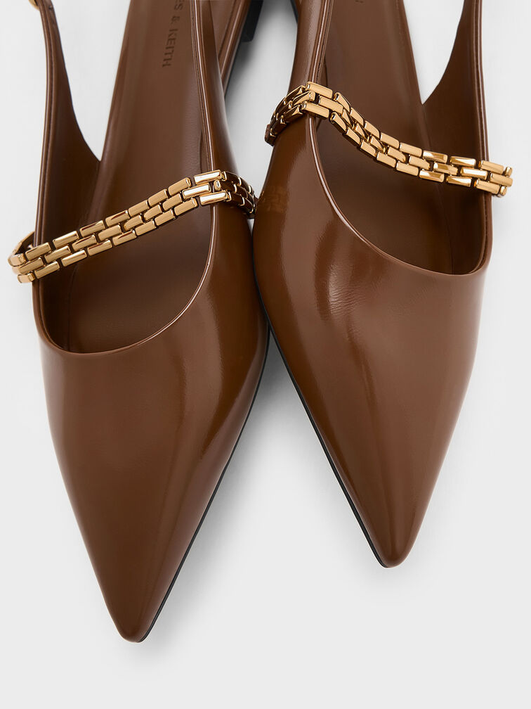 Chain-Strap Pointed-Toe Slingback Flats, Brown, hi-res