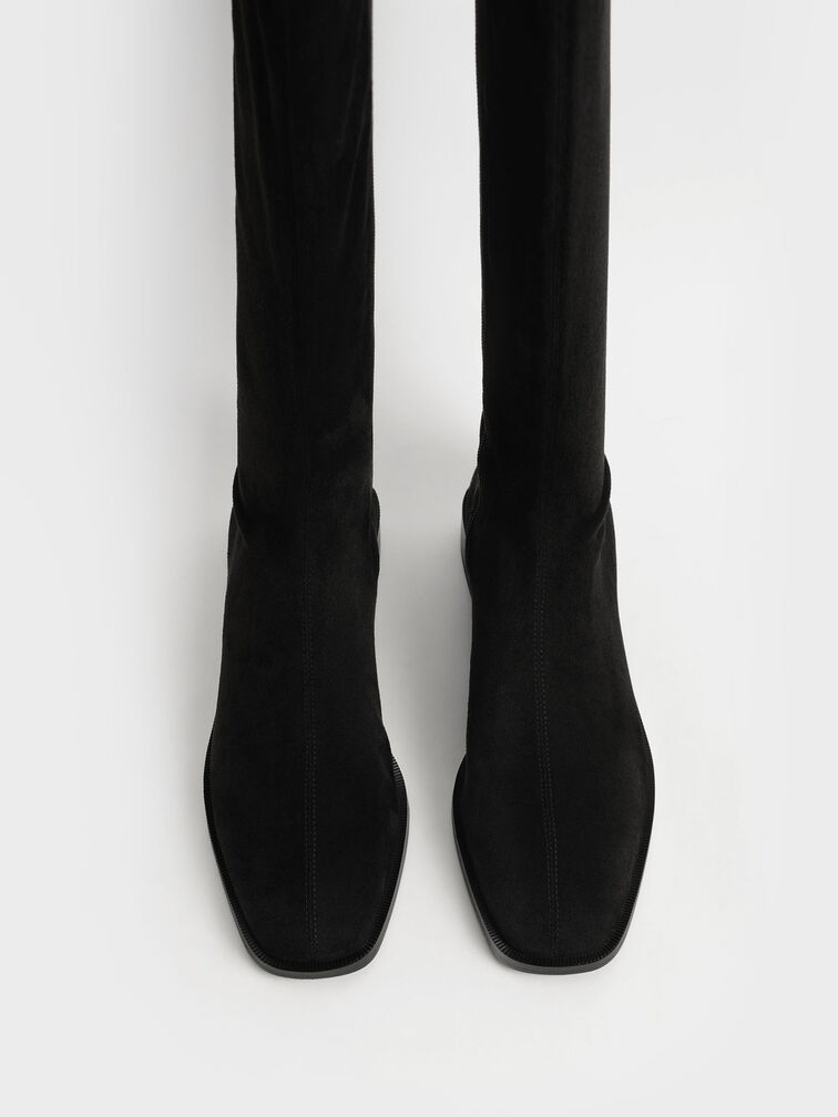 Sasky Faux Suede Knee High Flat Boots, Black Textured, hi-res