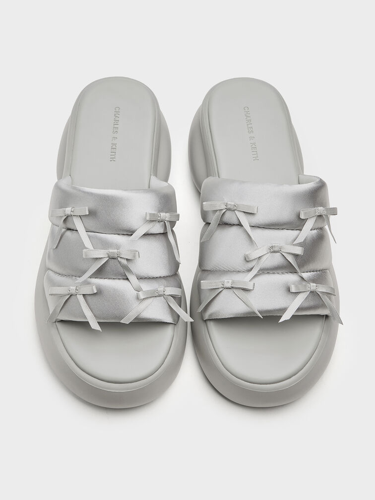 Recycled Polyester Bow Puffy Sports Sandals, Light Grey, hi-res