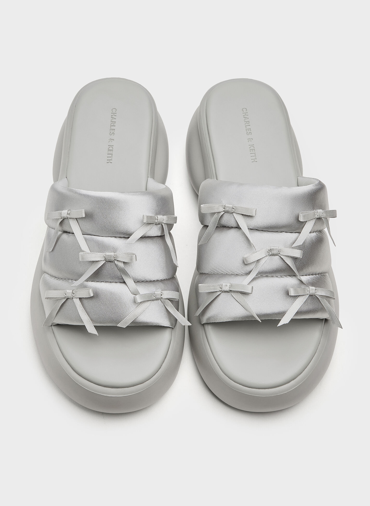 Recycled Polyester Bow Puffy Sports Sandals, Light Grey, hi-res