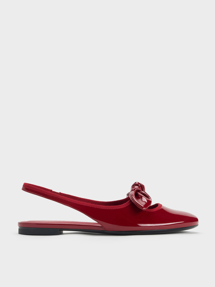 Patent Knotted-Bow Slingback Flats, Red, hi-res