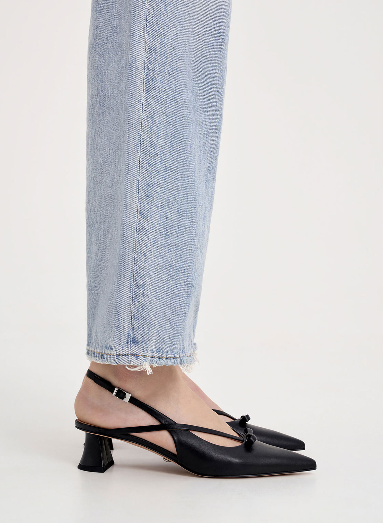 Leather Bow Strappy Slingback Pumps, Black, hi-res