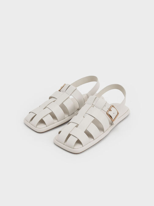 Metallic Buckle Caged Slingback Sandals, Chalk, hi-res