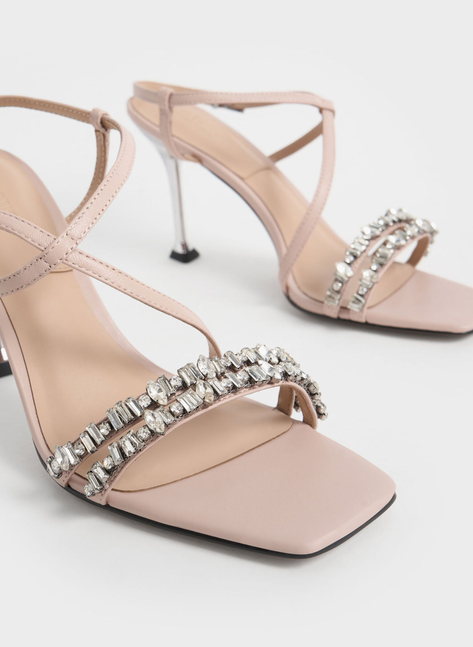 Leather Gem-Embellished Strappy Sandals, Nude, hi-res
