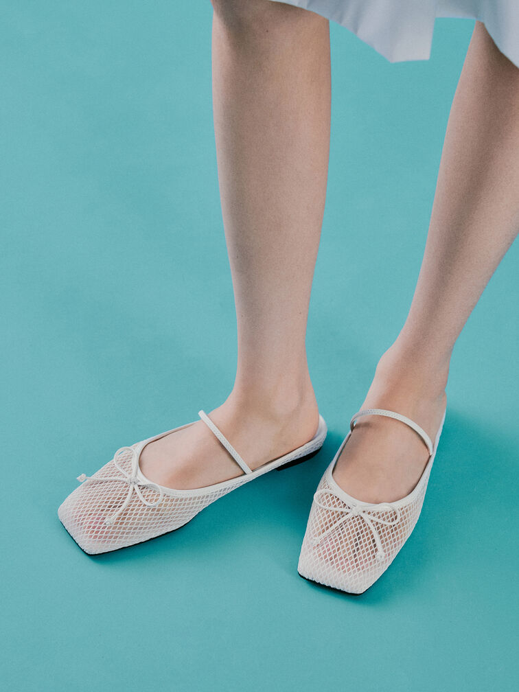 Mesh Bow Square-Toe Ballet Mules, White, hi-res
