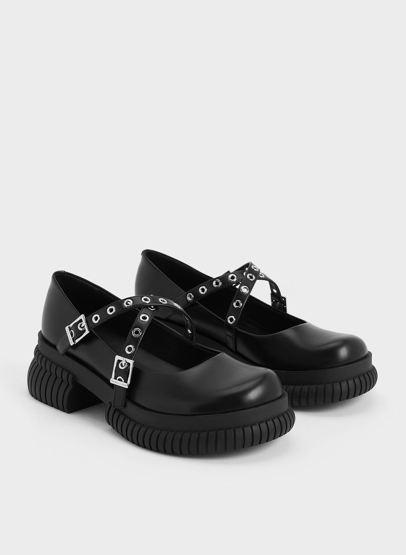 Grommet-Strap Platform Mary Janes, Black, hi-res