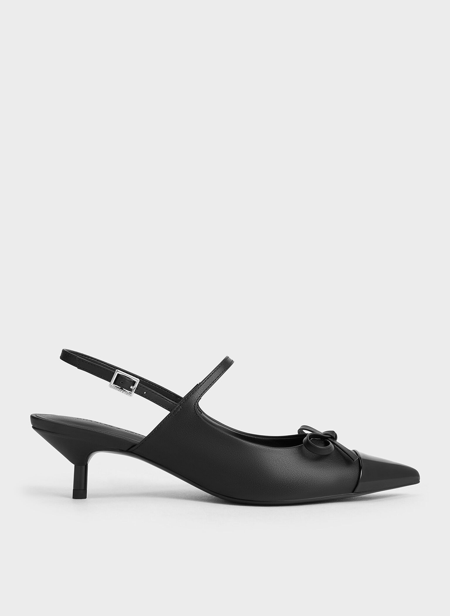 Bow Cap-Toe Kitten-Heel Slingback Pumps, Black, hi-res