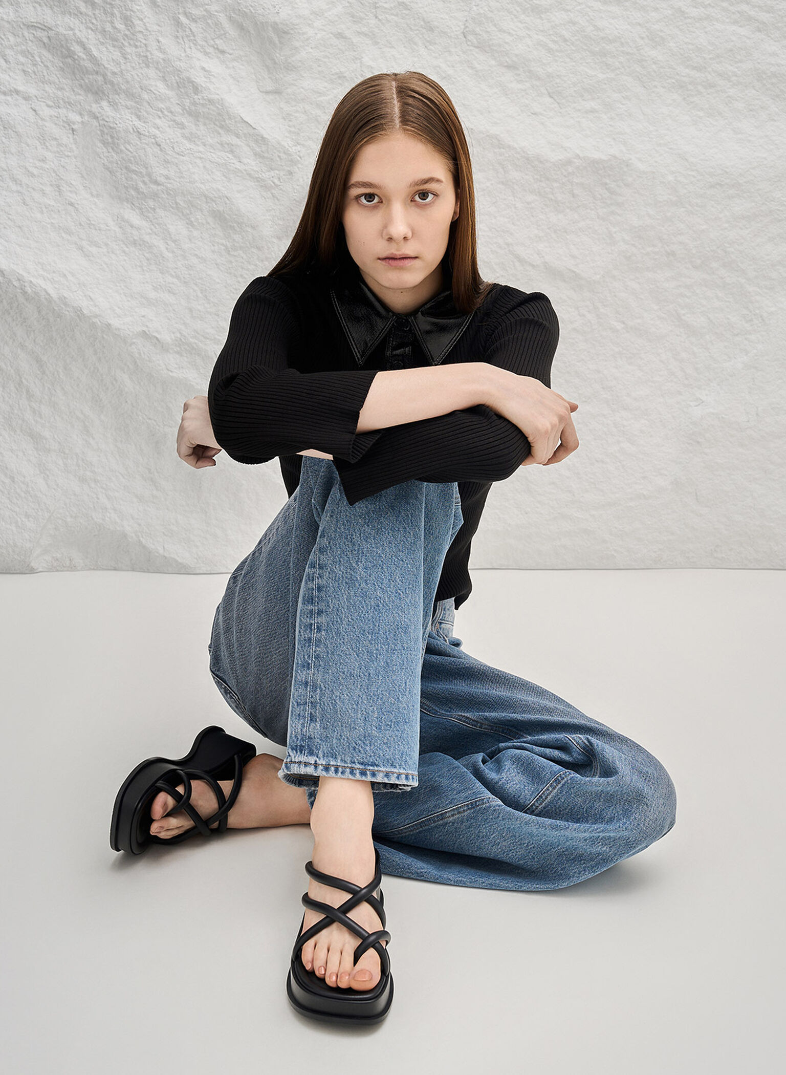 Strappy Tubular Wedge Sandals, Black, hi-res
