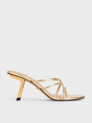 Orly Leather Metallic Strappy Slant-Heel Mules, Gold, hi-res