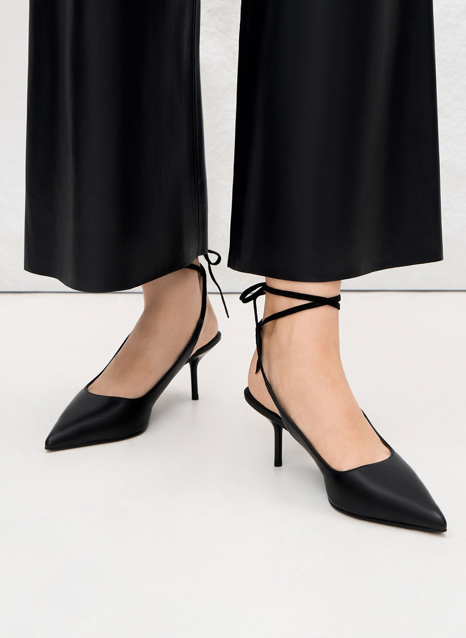 Textured Tie-Around Pointed-Toe Pumps, Black, hi-res