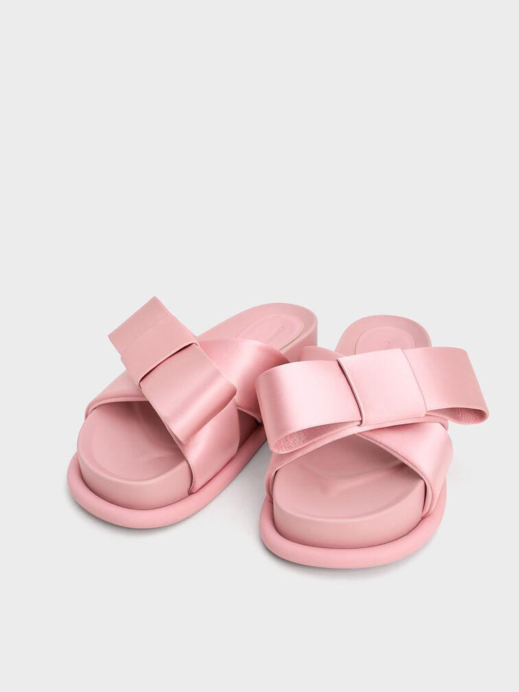 Satin Bow Flatform Sandals, Pink, hi-res