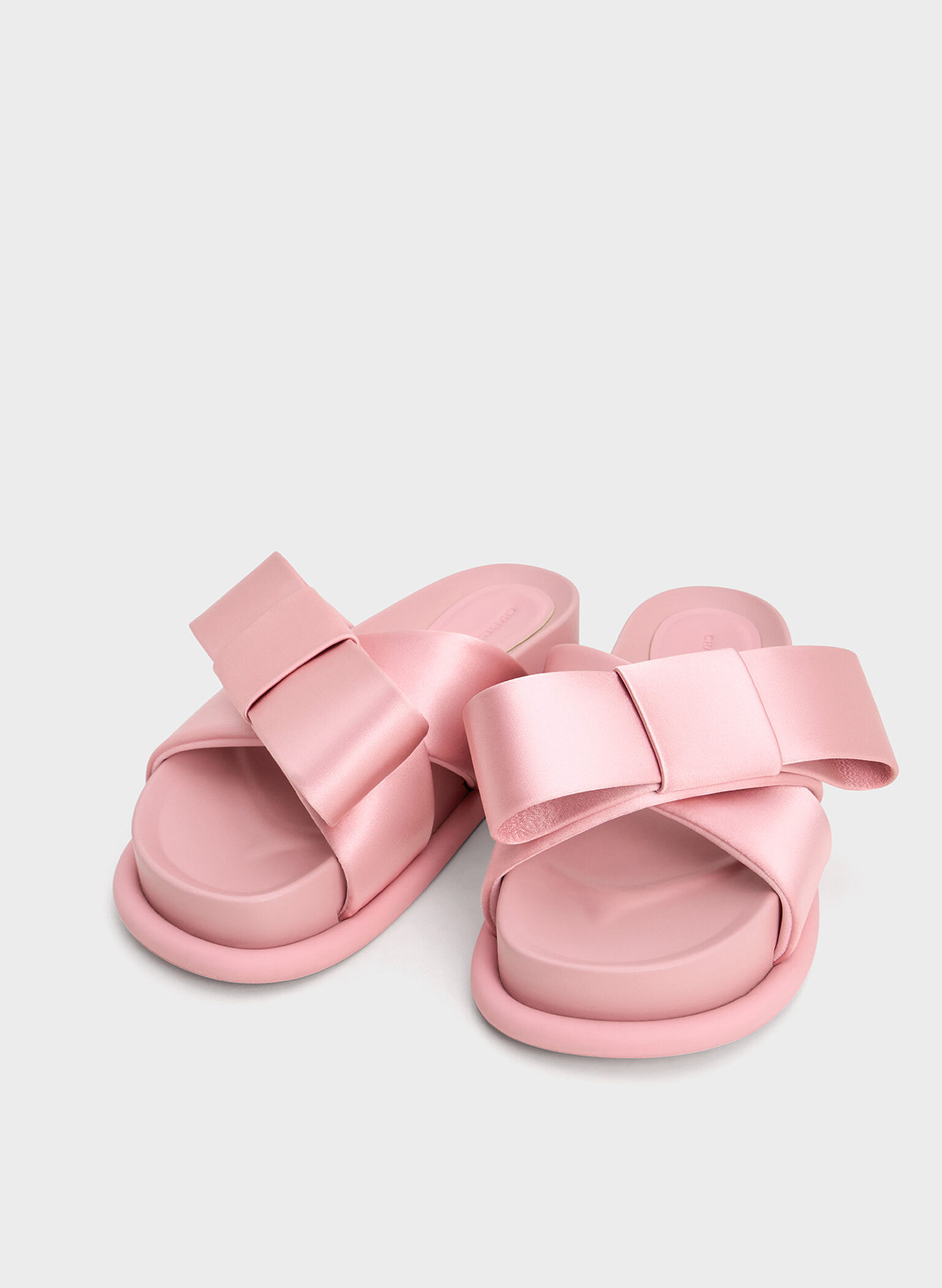 Satin Bow Flatform Sandals, Pink, hi-res
