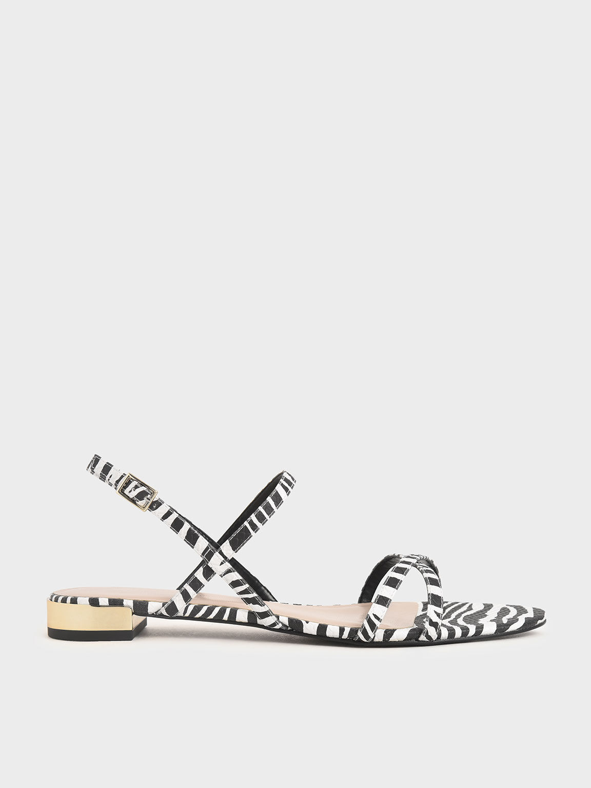 Zebra Print Strappy Flat Sandals, Animal Print Natural, hi-res