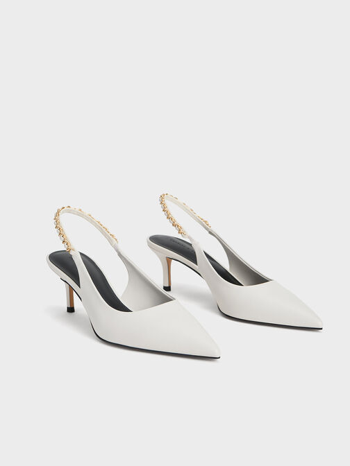 Braided-Chain Slingback Pumps, White, hi-res