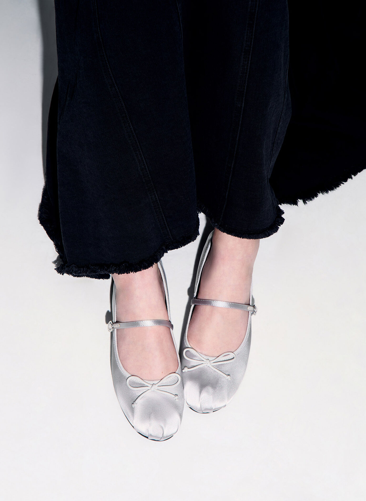 Emiko Satin Bow Mary Jane Flats, Silver, hi-res