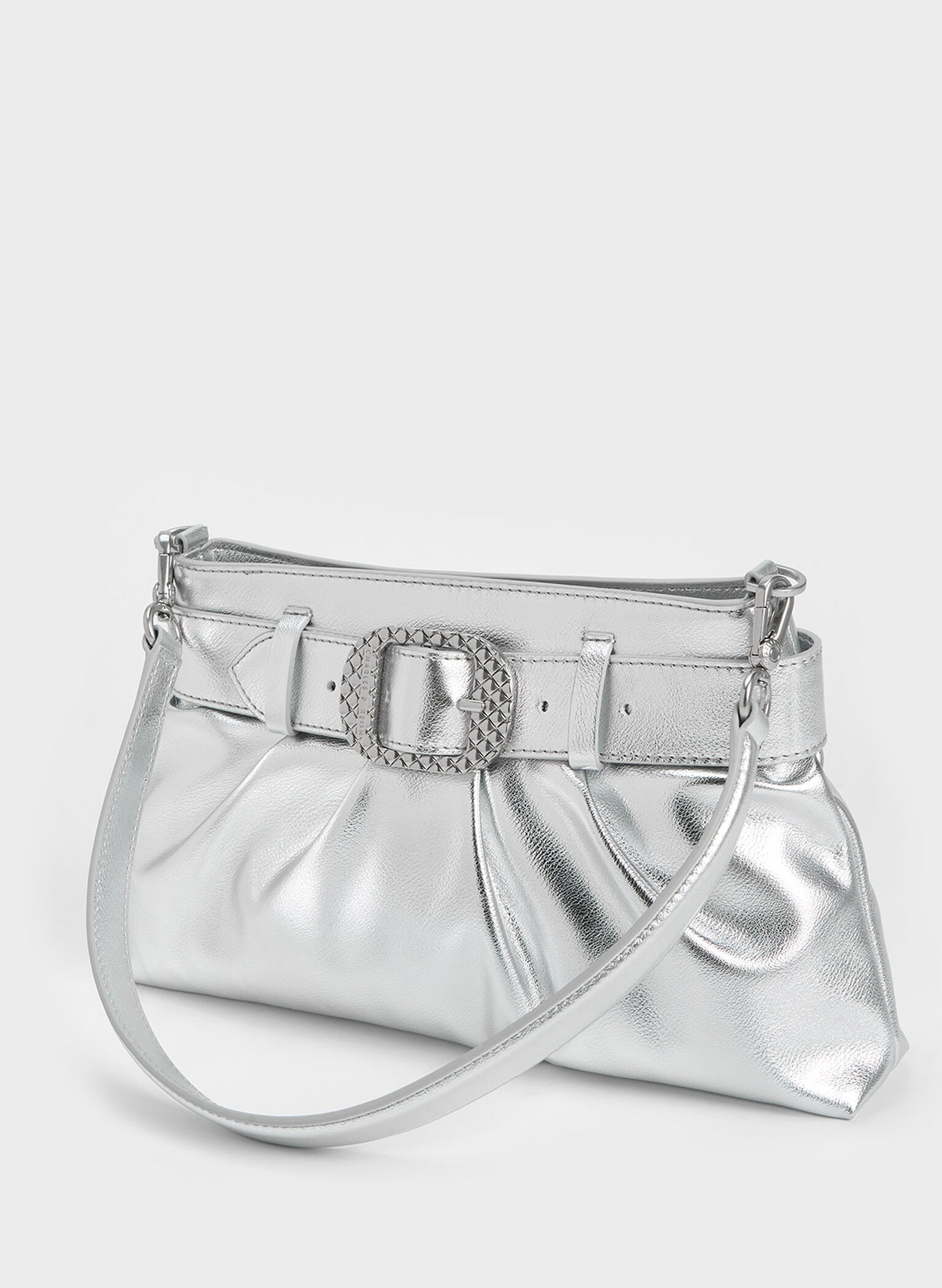 Avis Metallic Belted Ruched Shoulder Bag, Silver, hi-res