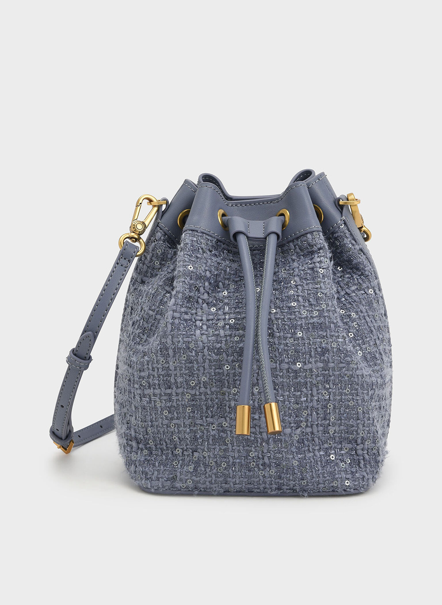 Woven Handle Tweed Bucket Bag, Denim Blue, hi-res