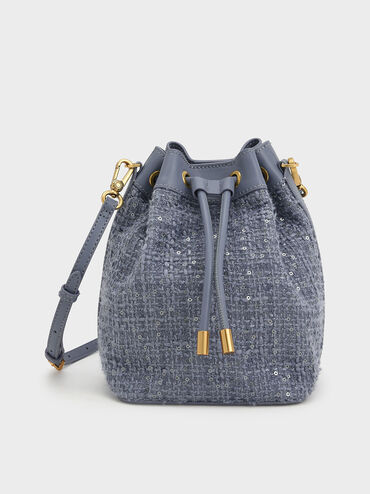 Woven Handle Tweed Bucket Bag, Denim Blue, hi-res