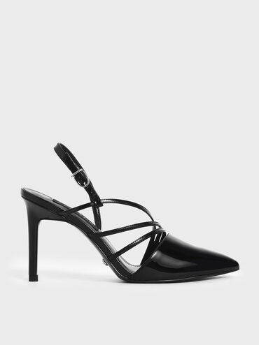 Patent Leather Strappy Slingback Heels, Black, hi-res
