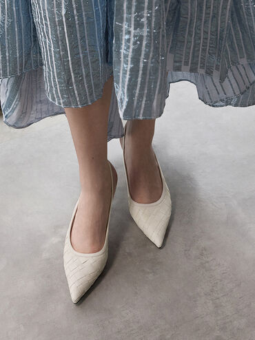 Woven Pointed-Toe Slingback Pumps, Chalk, hi-res