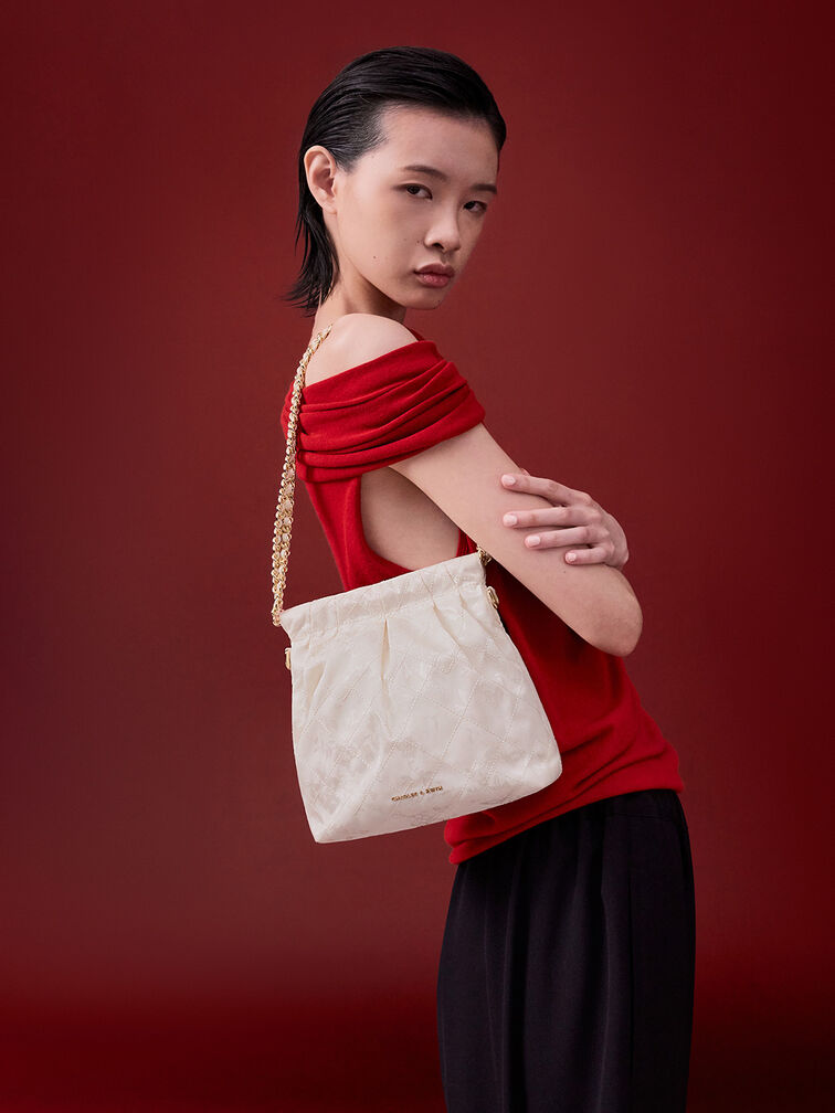 Duo Jacquard Chain-Handle Two-Way Backpack, Cream, hi-res