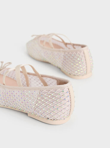 Girls' Mesh Crystal-Embellished Crossover-Strap Ballet Flats, Cream, hi-res