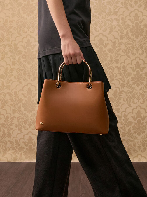 Leather Ring-Handle Bag, Cognac, hi-res