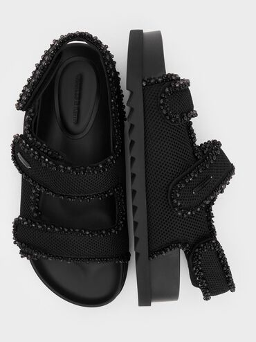 Mesh Pearl-Embellished Flatform Sandals, Black Textured, hi-res