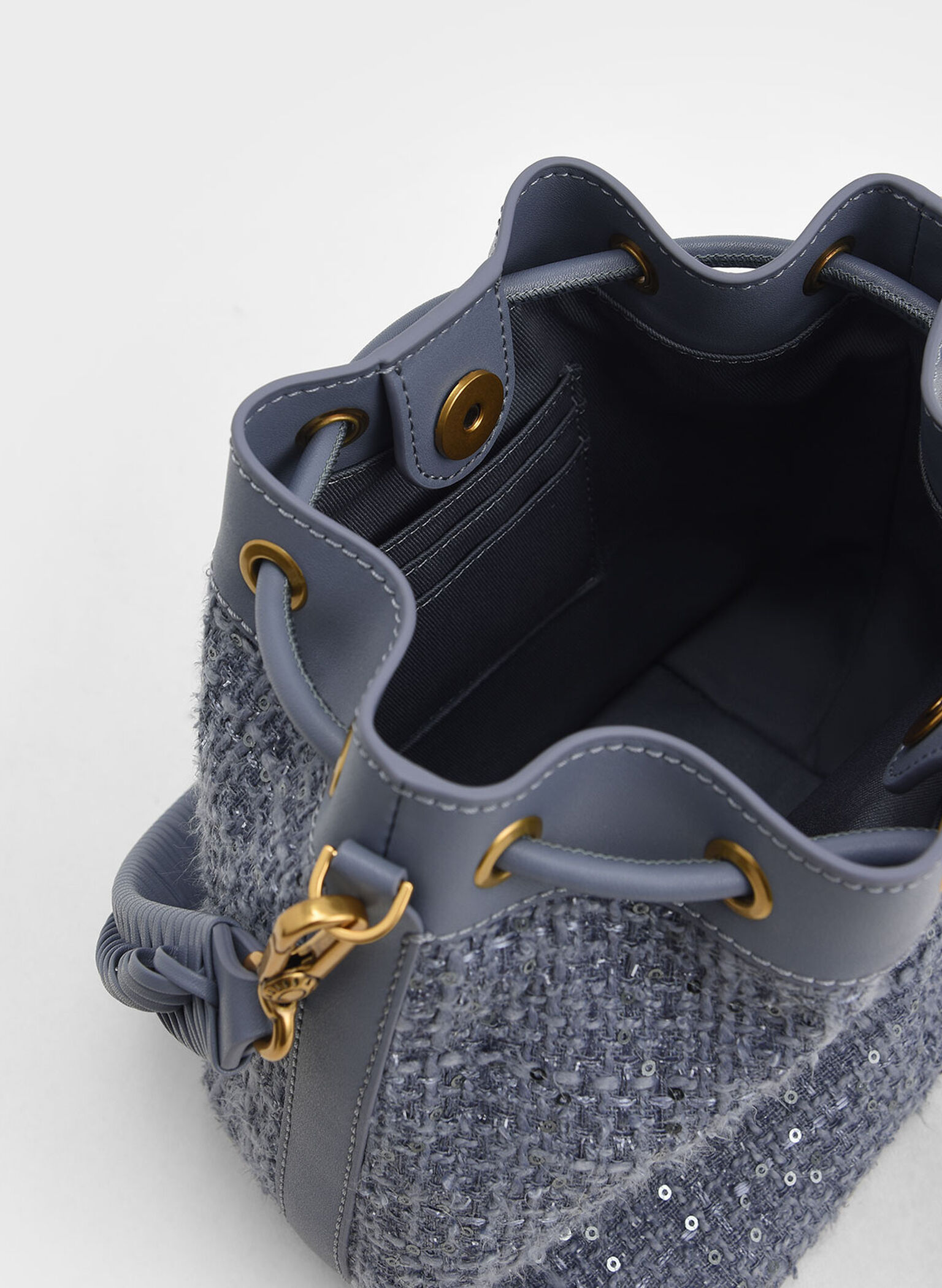 Woven Handle Tweed Bucket Bag, Denim Blue, hi-res