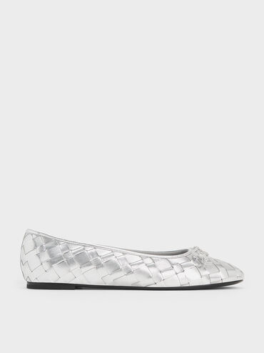 Metallic Woven Bow Ballet Flats, Silver, hi-res