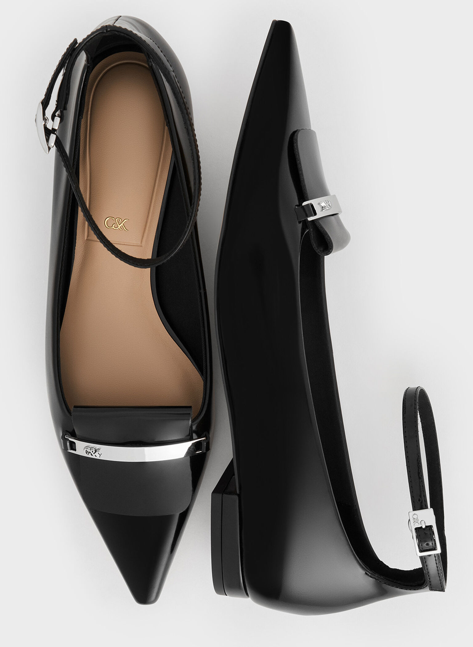 Leather Metallic-Accent Pointed-Toe Ankle-Strap Flats, Black Box, hi-res