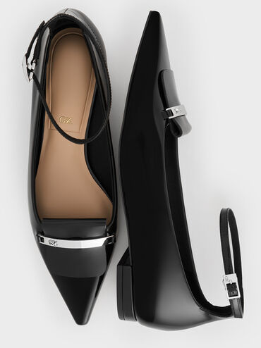 Leather Metallic-Accent Pointed-Toe Ankle-Strap Flats, Black Box, hi-res