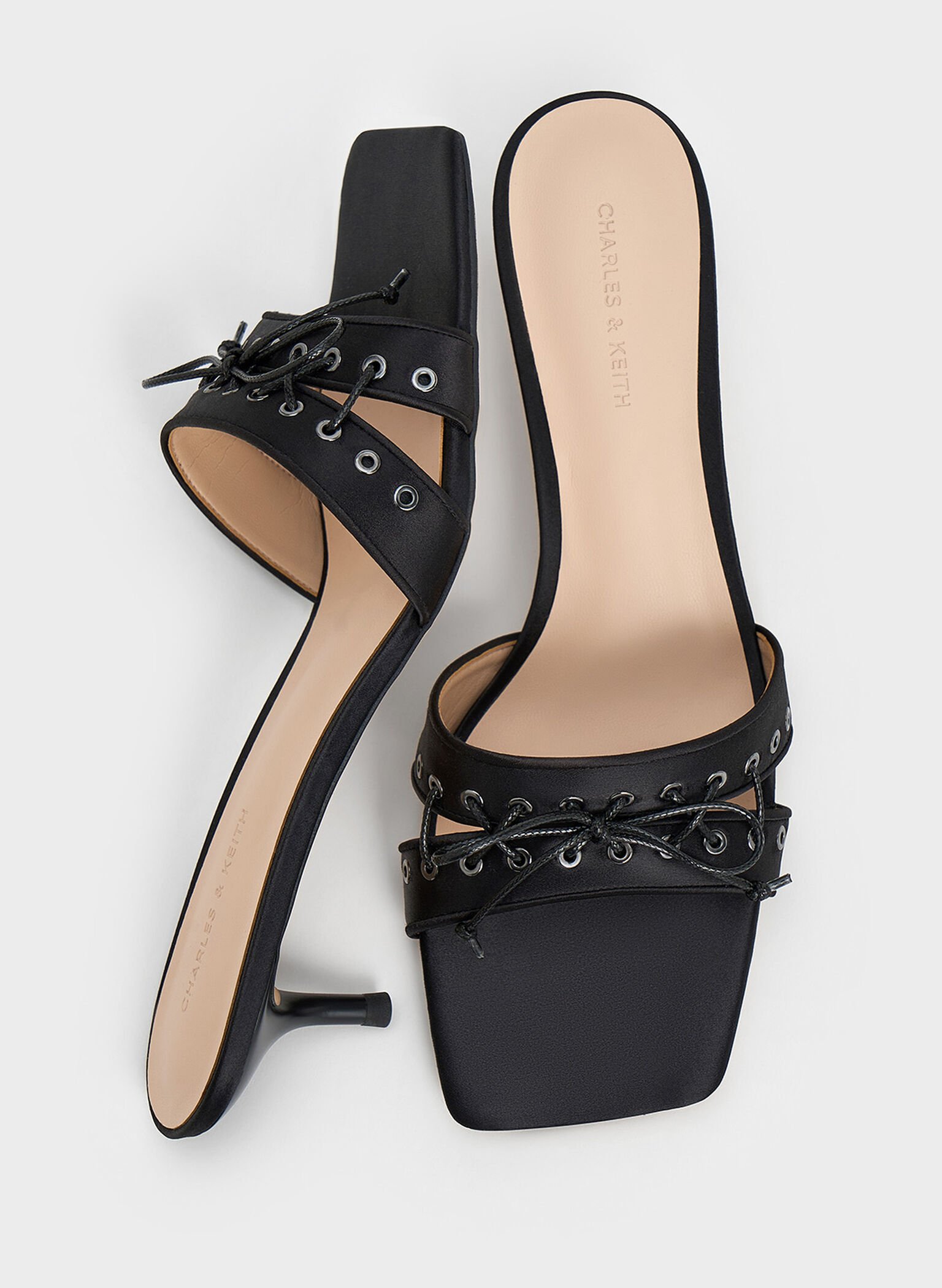 Satin Lace-Up Double-Strap Kitten-Heel Mules, Black Textured, hi-res