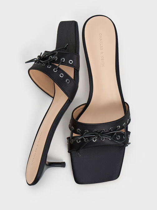 Satin Lace-Up Double-Strap Kitten-Heel Mules, Black Textured, hi-res