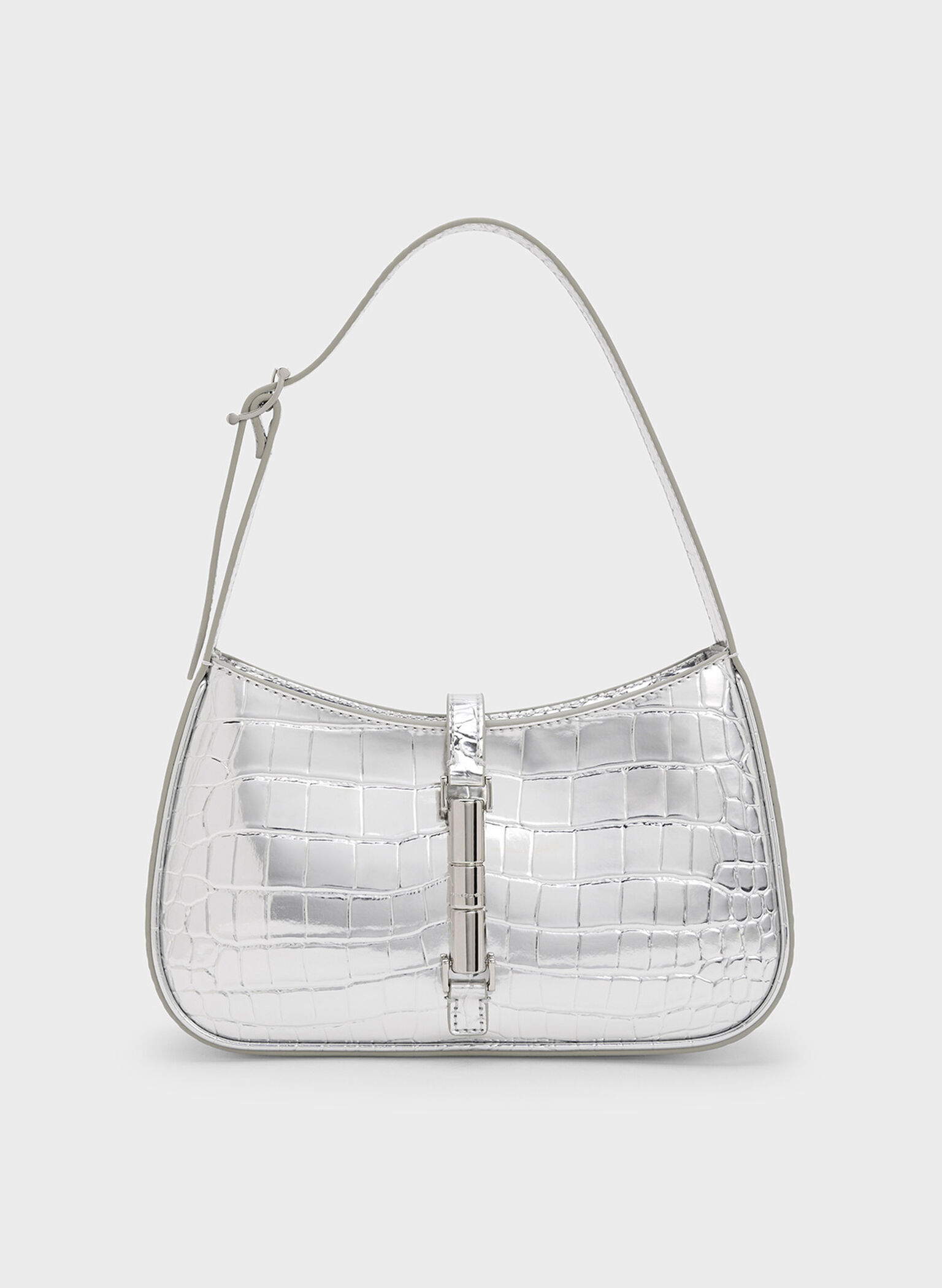 Cesia Croc-Effect Metallic-Accent Shoulder Bag, Silver, hi-res