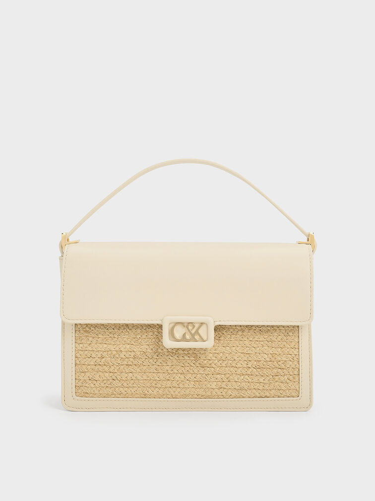 Leather & Raffia Shoulder Bag, Beige, hi-res