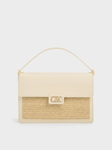 Leather & Raffia Shoulder Bag, Beige, hi-res