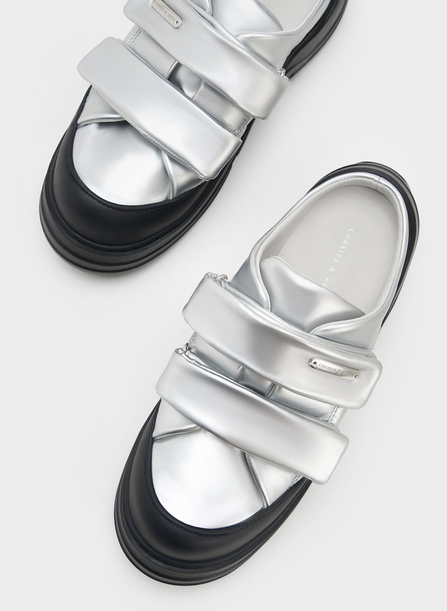 Nylon Metallic Padded Double-Strap Slip-On Sneakers, Silver, hi-res