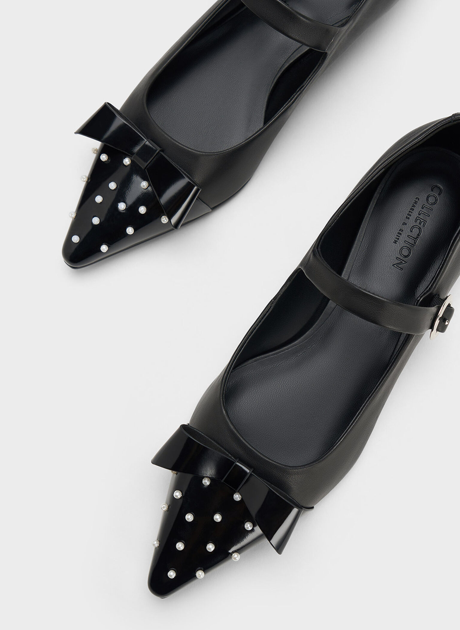 Bead-Embellished Leather Bow Mary Jane Flats, Black, hi-res