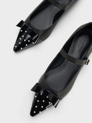 Bead-Embellished Leather Bow Mary Jane Flats, Black, hi-res