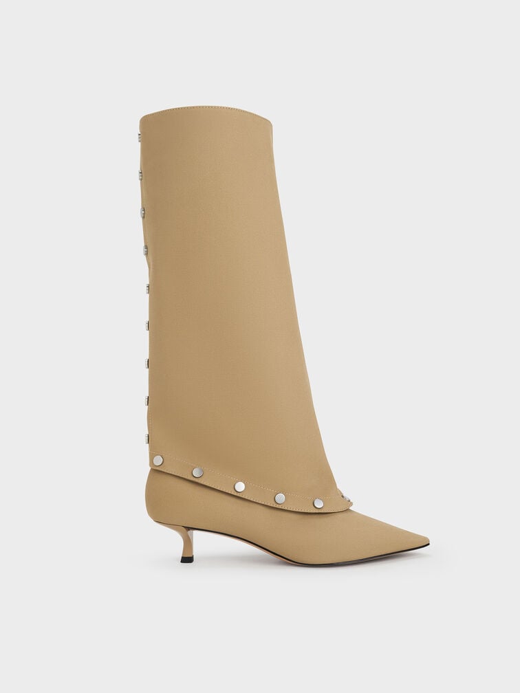 Gael Twill Studded Convertible Kitten-Heel Knee-High Boots, Beige, hi-res